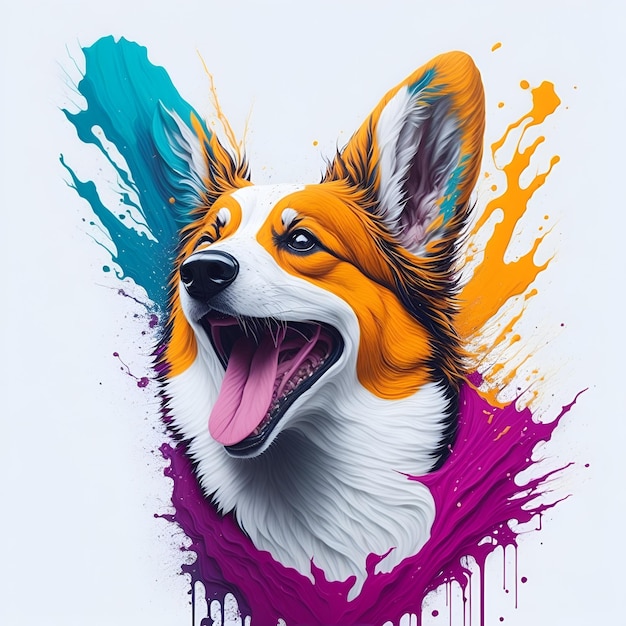 A drawing of a corgi dog with a blue and orange face.