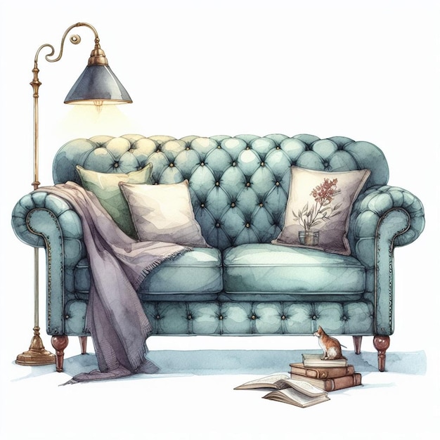 a drawing of a couch with a lamp and a lamp