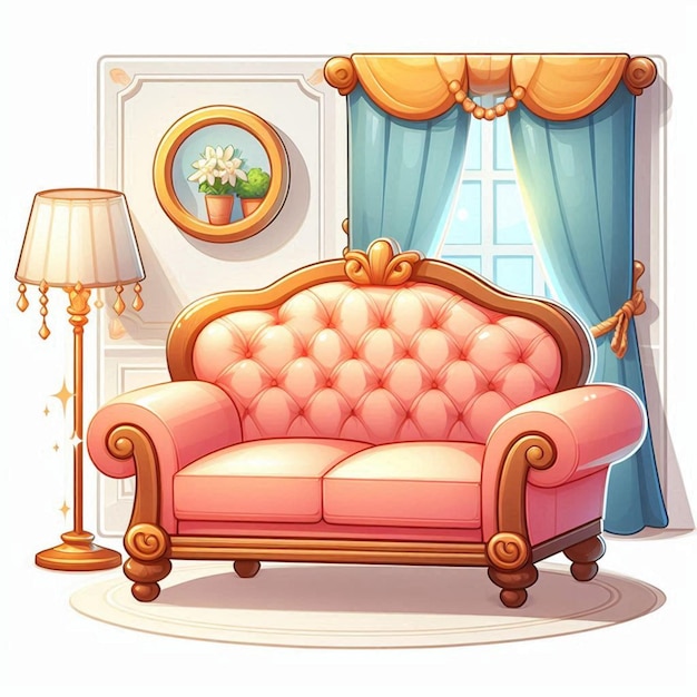 a drawing of a couch with a pink couch and a window with blue curtains