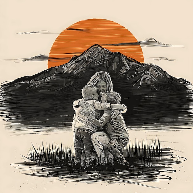 A drawing of a couple hugging in front of a mountain