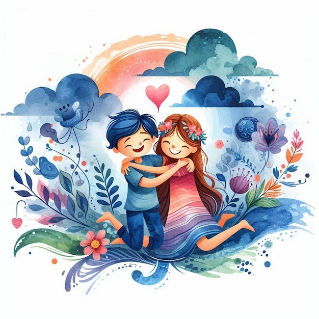 a drawing of a couple hugging in a garden with flowers and a sun in the background