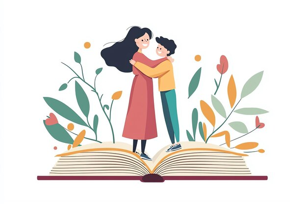 a drawing of a couple hugging and kissing on a book page