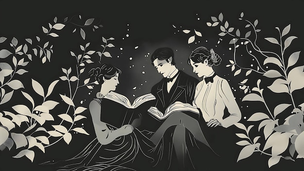 a drawing of a couple reading a book