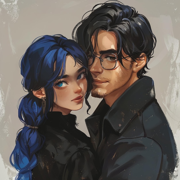 a drawing of a couple with glasses and a girl with glasses