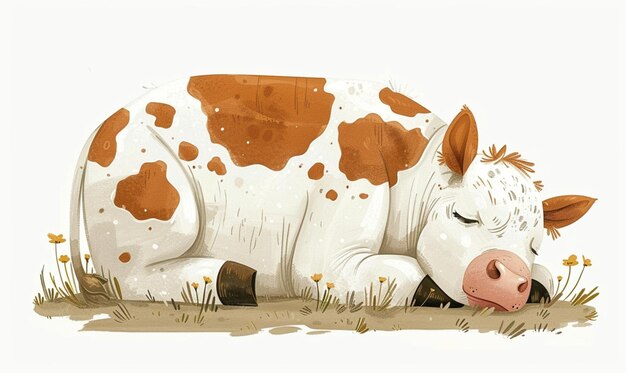 Photo a drawing of a cow laying in the grass with a cow sleeping in the grass