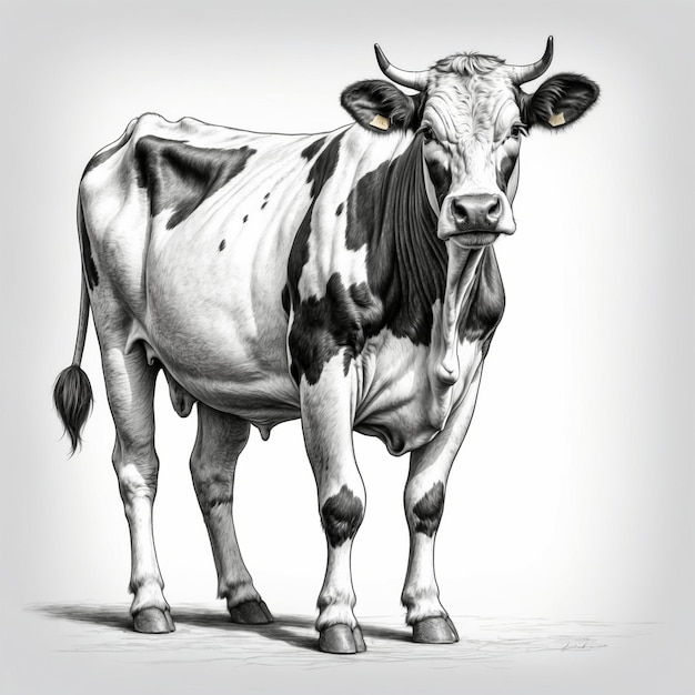 Photo a drawing of a cow with a black and white face and the words cow on it