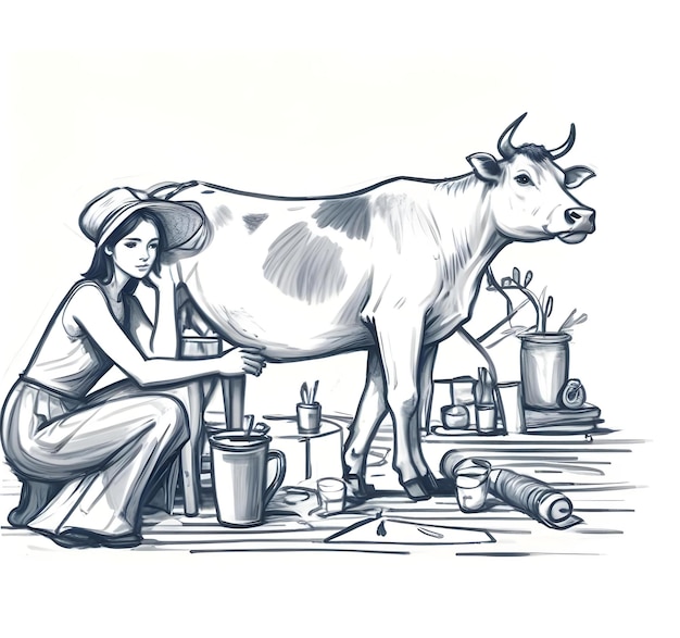 a drawing of a cow and a woman with a hat on