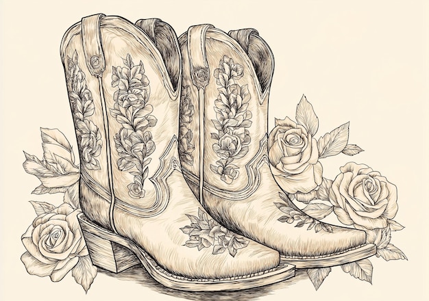 Photo a drawing of a cowboy boot with a floral design