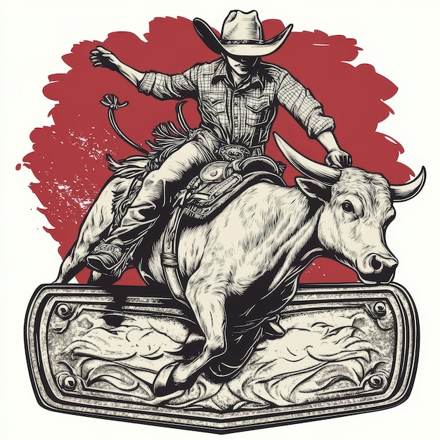 Photo a drawing of a cowboy on a bull with a red background