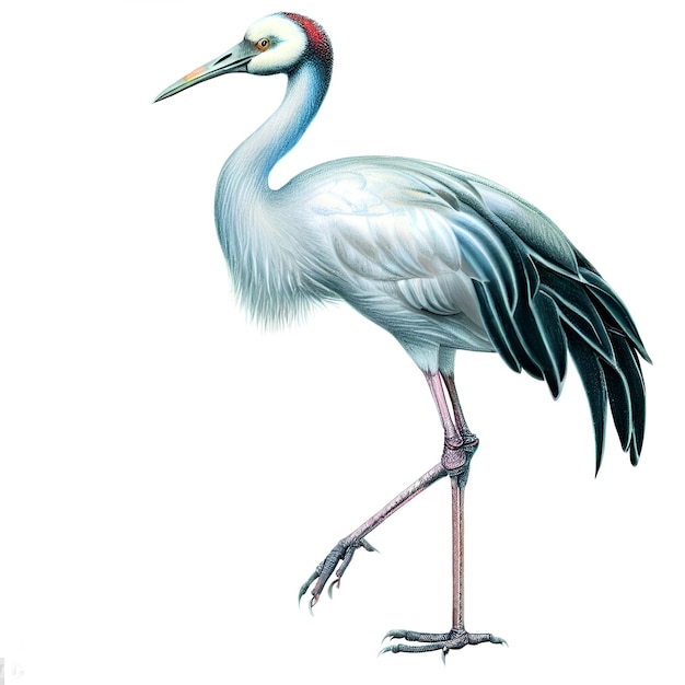 Drawing of a crane bird standing on one leg and with a white background african savannah theme