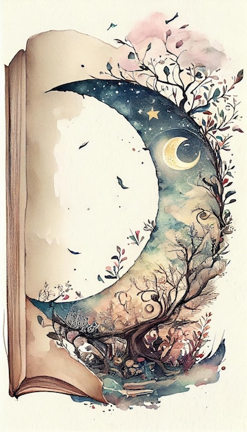 A drawing of a crescent moon with a tree and birds flying around it.