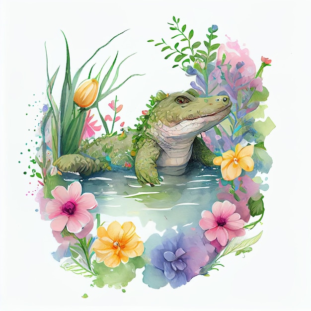 A drawing of a crocodile in a pond with flowers and the words " alligator " on it.