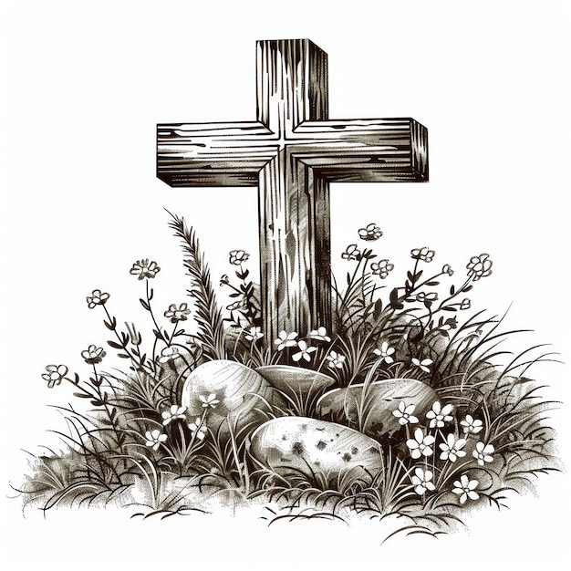 a drawing of a cross and flowers in a garden with a cross in the grass