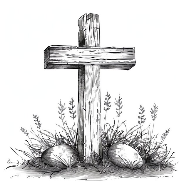 a drawing of a cross with a cross in the grass