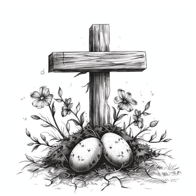 a drawing of a cross with eggs in the grass and a cross