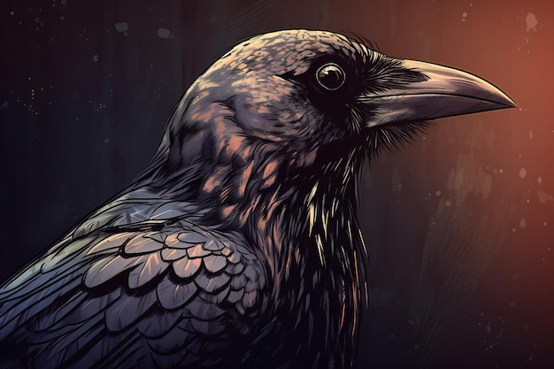 Drawing of a crow on a dark background art illustration