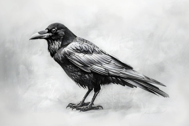 Drawing of a crow on a white background black and white