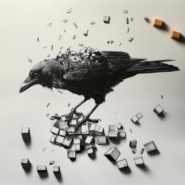 Photo drawing of a crow on a white background with cubes and cubes