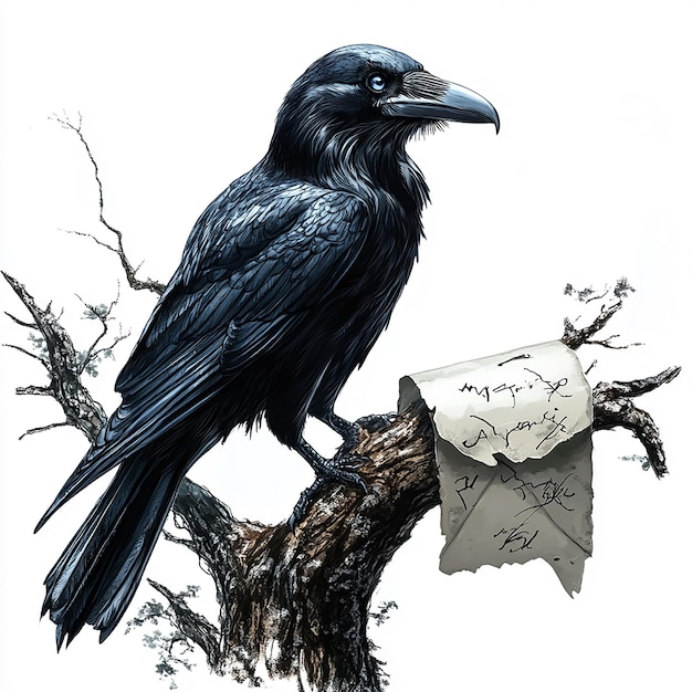 a drawing of a crow with a piece of paper on it