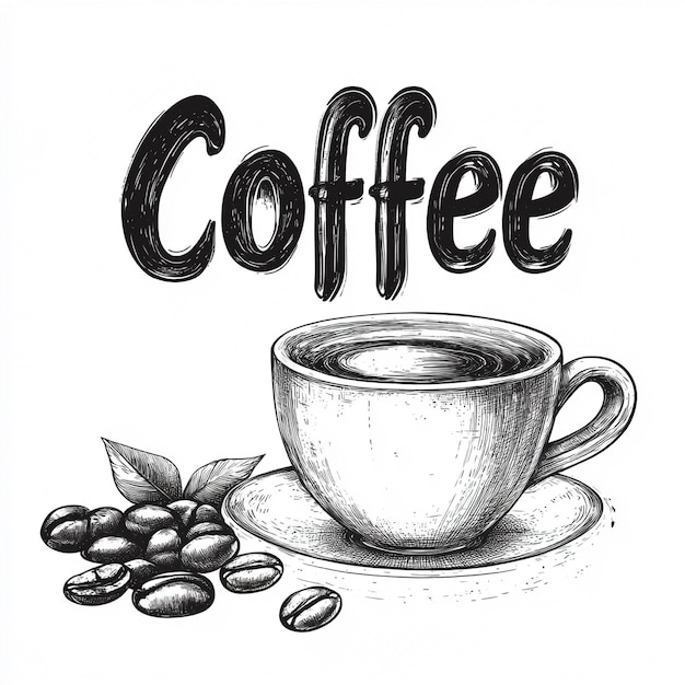 Photo a drawing of a cup of coffee and beans with the words coffee