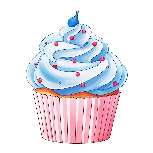 a drawing of a cupcake with blue icing and pink polka dots