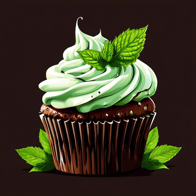 a drawing of a cupcake with green icing and green leaves