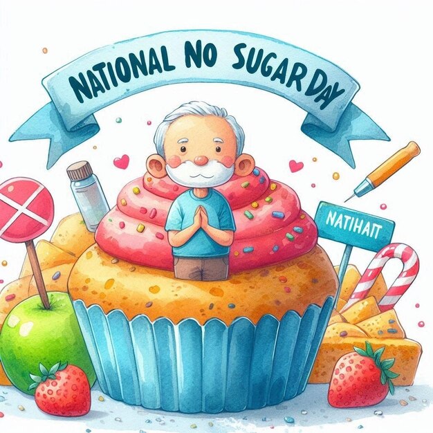 Photo a drawing of a cupcake with a man sitting on top of it and a sign that says national sugar day