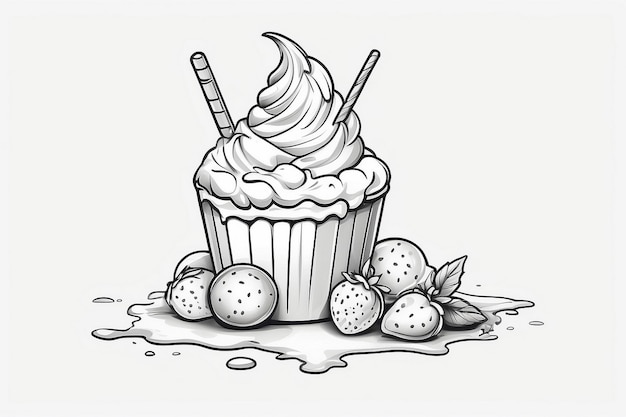 Photo a drawing of a cupcake with a strawberries on it