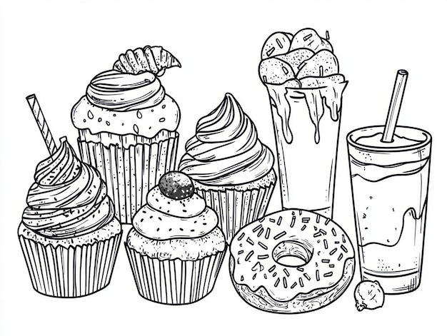 a drawing of cupcakes and a cup of coffee with a straw in the middle