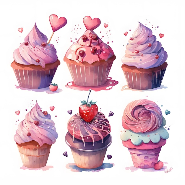 A drawing of cupcakes with pink frosting and a strawberry on the top