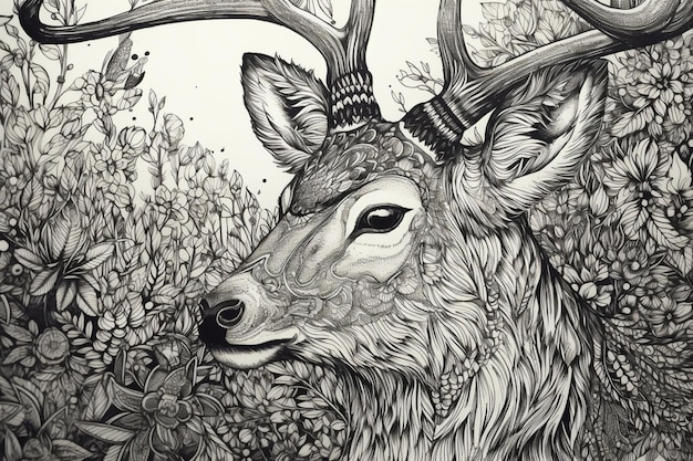 A drawing of a deer with antlers and a flower on the stem.