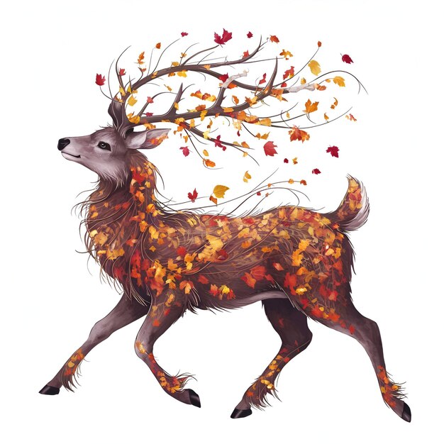 Photo a drawing of a deer with fall leaves on it