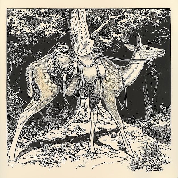 Drawing of a deer with a saddle on its back in the woods