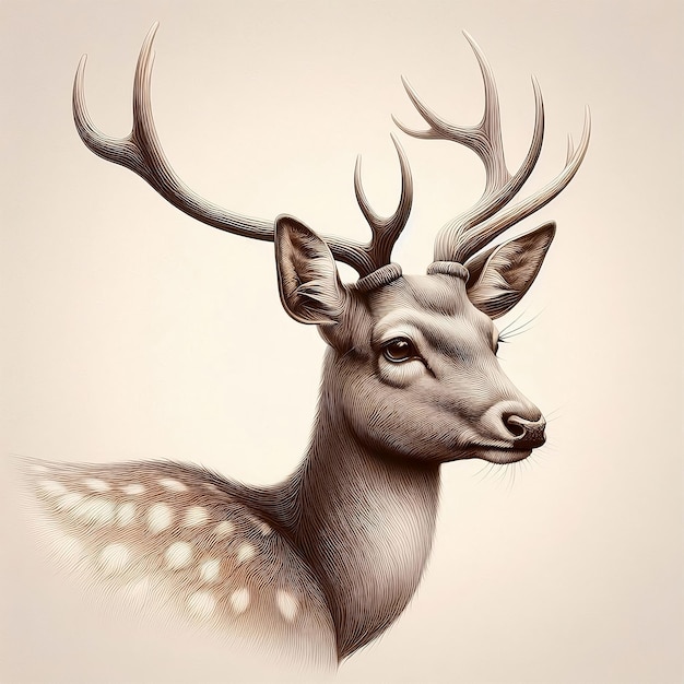 A drawing of a deer with a white antlers and a brown background