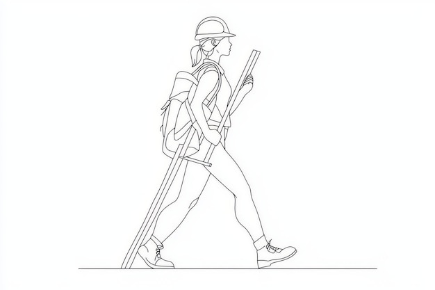 Photo drawing depicting a repairwoman with ladder handywoman on call carpenter handling renovations in a house hard laborer job painter worker handywoman modern one line design