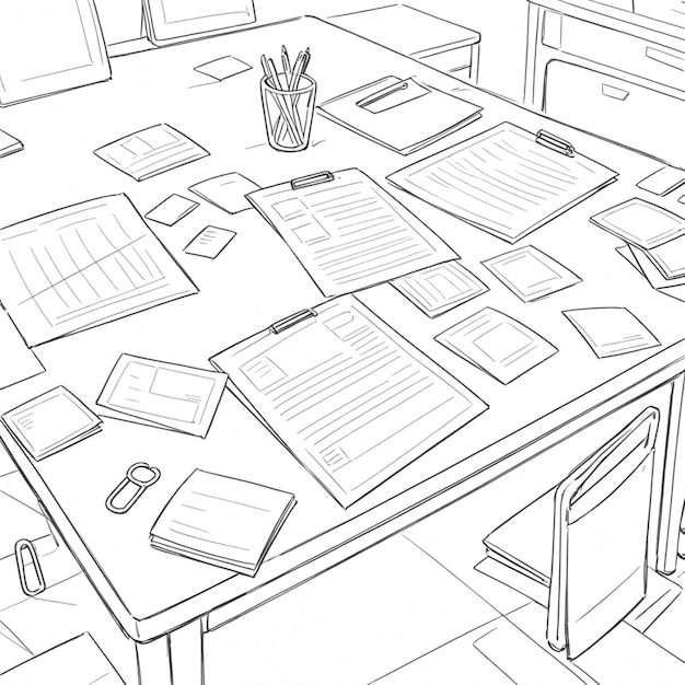 a drawing of a desk with a pencil and other items on it