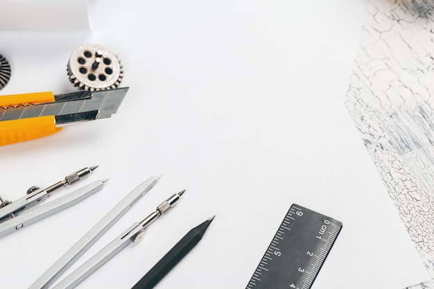 Drawing desk with tools for drawing top view background