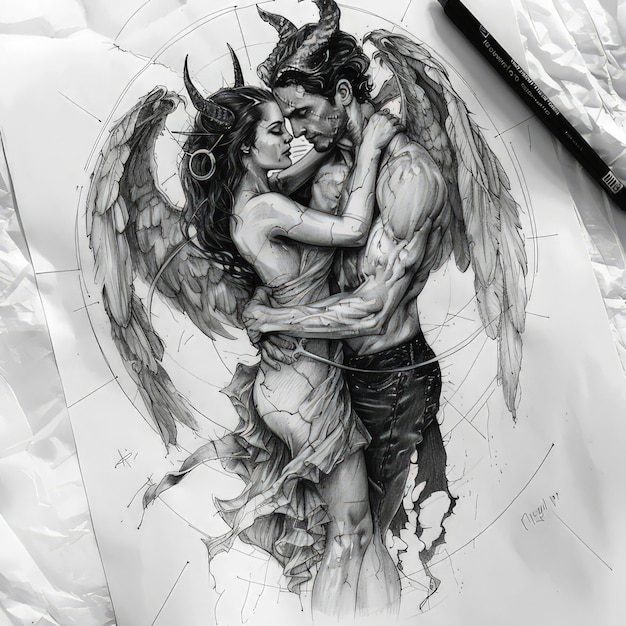 Photo a drawing of a devil and devil hugging each other