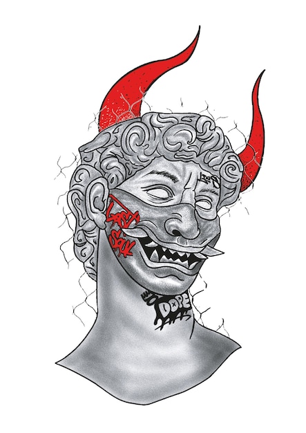 Photo a drawing of a devil with a red devil face and horns