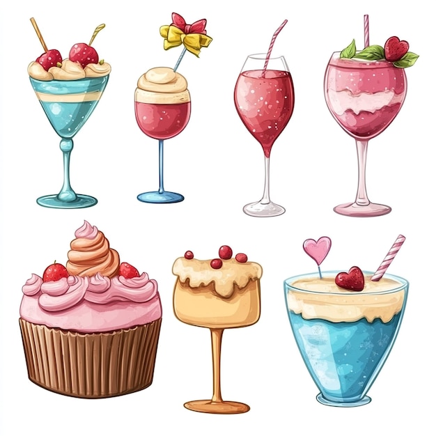 Photo a drawing of different desserts and drinks with a picture of a cup of strawberry and strawberry