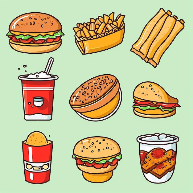 a drawing of different types of food including burgers and soda