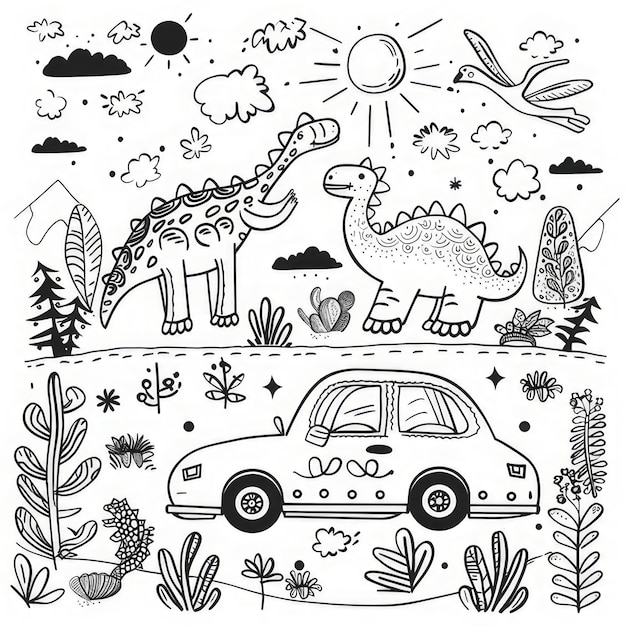 a drawing of a dinosaur and a car with the word  giraffe  on it