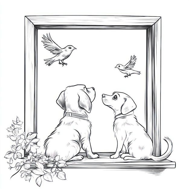 Photo a drawing of a dog and a bird with a picture of a dog and a frame that says  the dog is looking at it