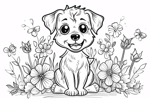 Photo a drawing of a dog sitting in a flower garden