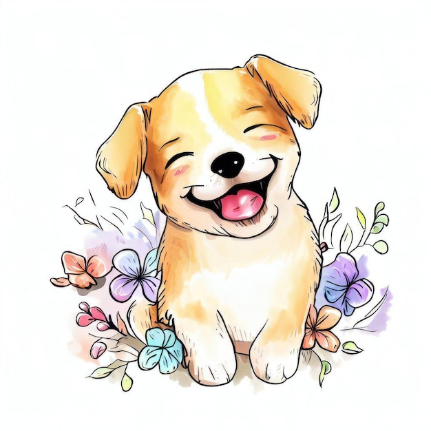 A drawing of a dog that is smiling and has a pink nose.