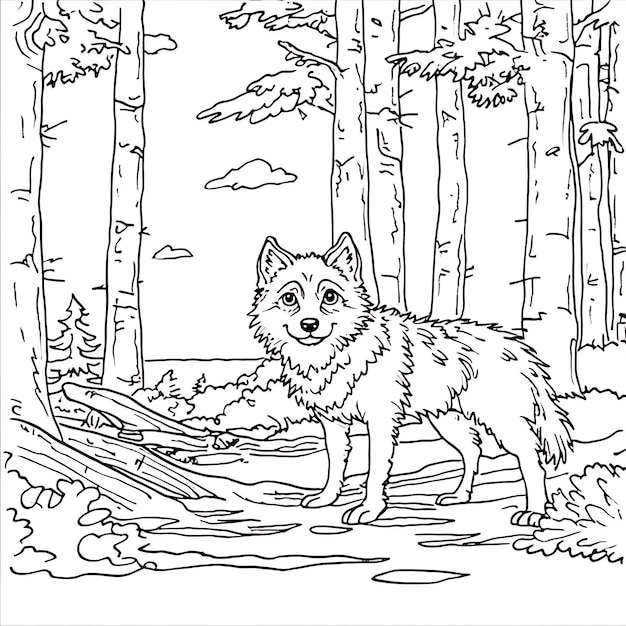 a drawing of a dog that is in the woods with trees in the background