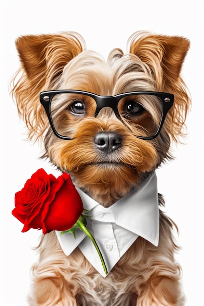 Drawing of dog wearing glasses and tie and holding rose Generative AI