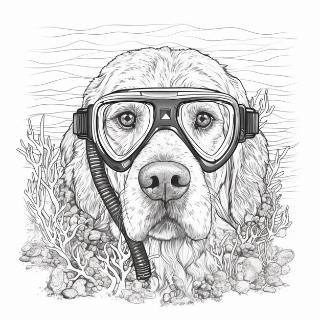 Photo a drawing of a dog wearing goggles with the words  dog  on it