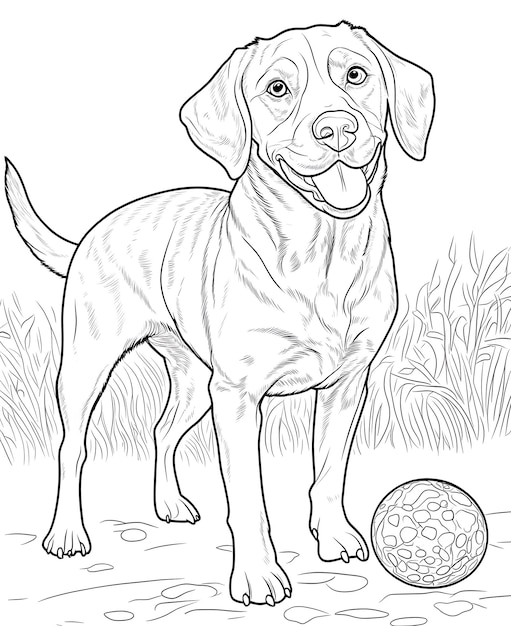 a drawing of a dog with a ball in the middle of it