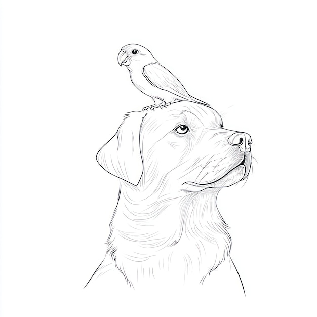 Photo a drawing of a dog with a bird on his head